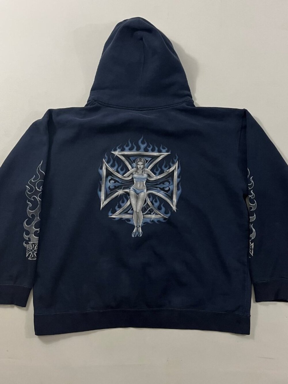 Vintage Y2K Breakdown Iron Cross Pin-Up Girl Tribal Flames Navy Hoodie